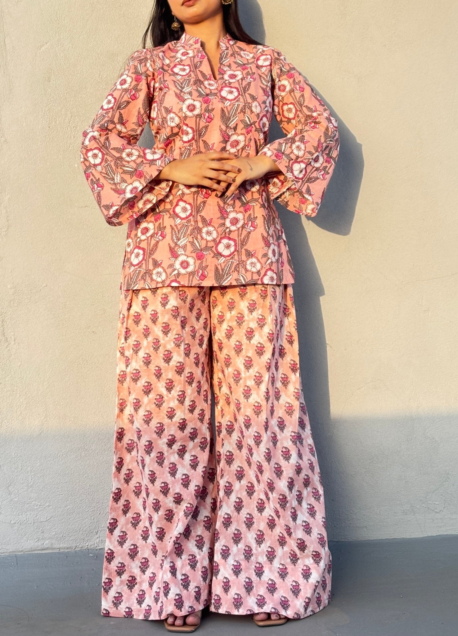 Pink floral Full bell sleeves set - Chaayafashion