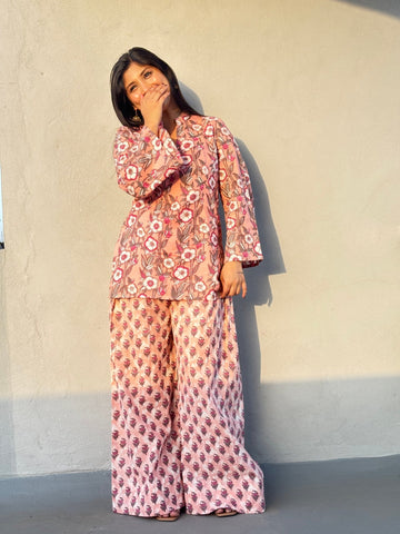 Pink floral Full bell sleeves set - Chaayafashion