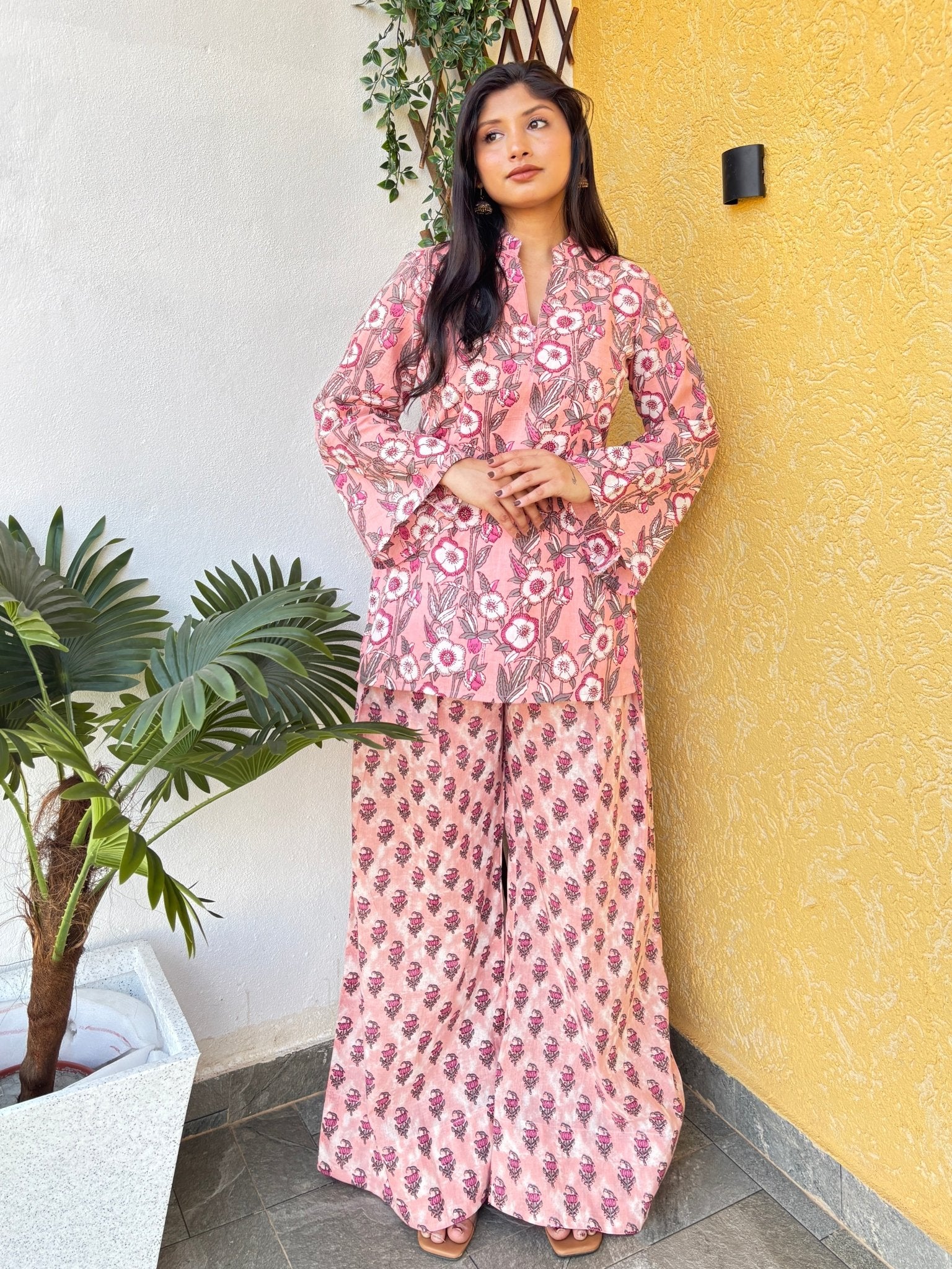 Pink floral Full bell sleeves set - Chaayafashion