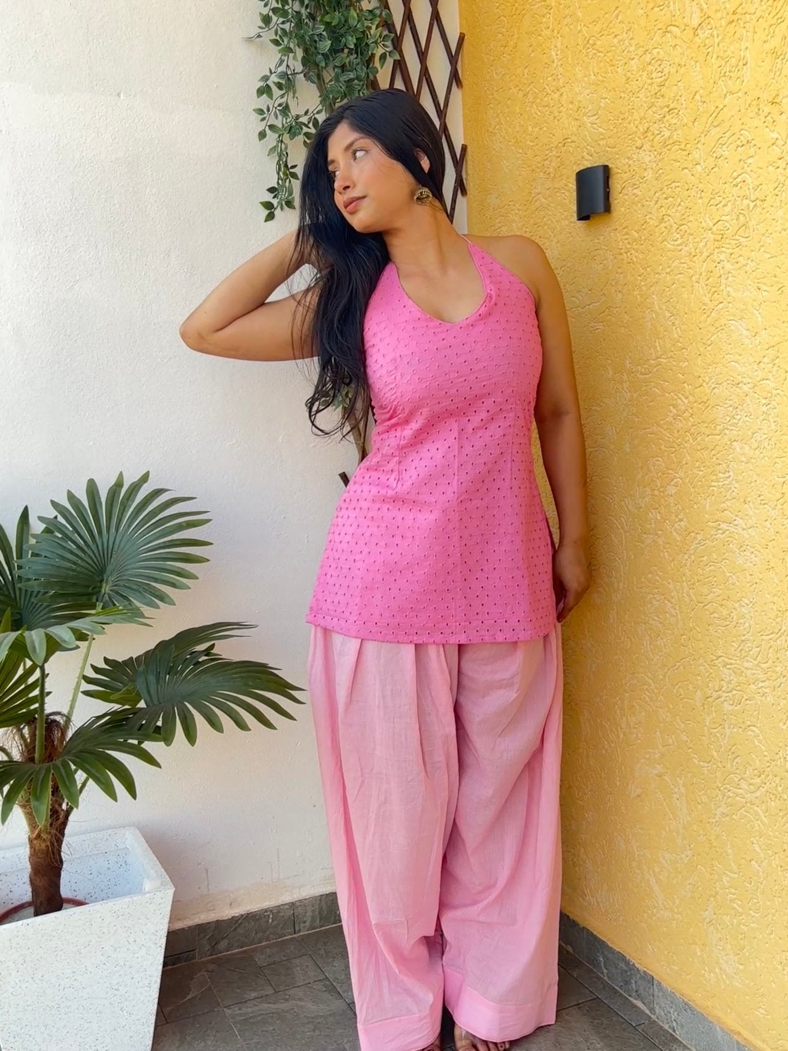 Pink Lily Halter neck cotton set - Chaayafashion