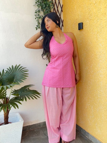 Pink Lily Halter neck cotton set - Chaayafashion