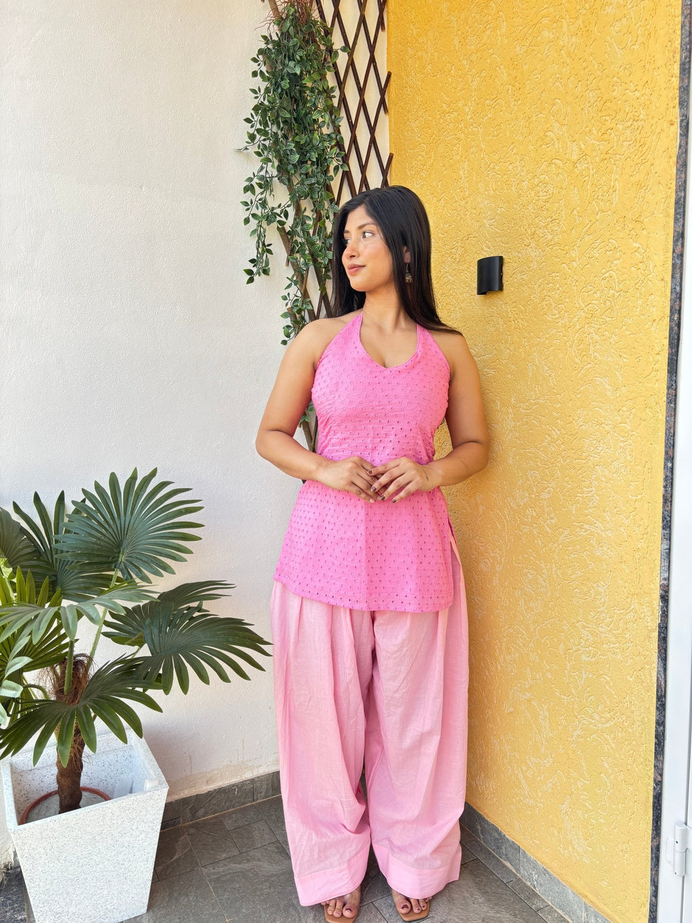 Pink Lily Halter neck cotton set - Chaayafashion
