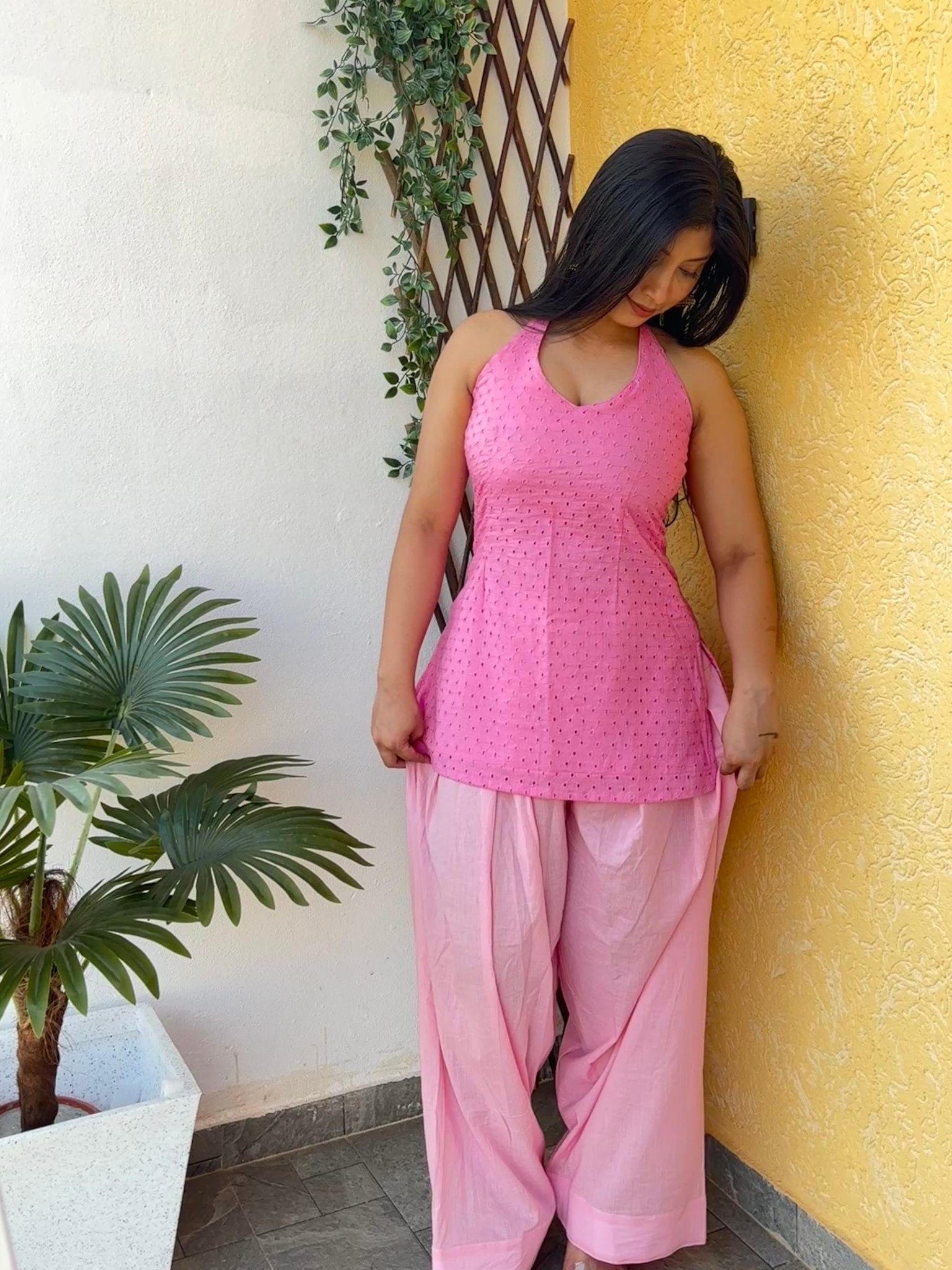 Pink Lily Halter neck cotton set - Chaayafashion