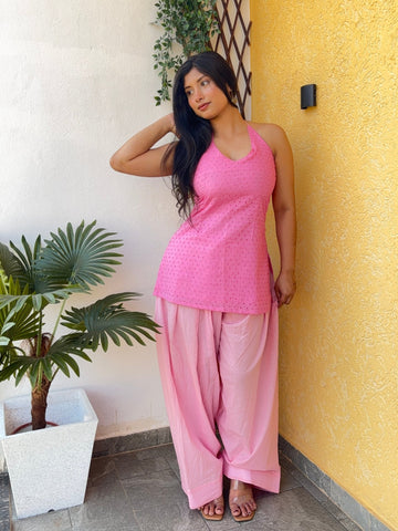 Pink Lily Halter neck cotton set - Chaayafashion